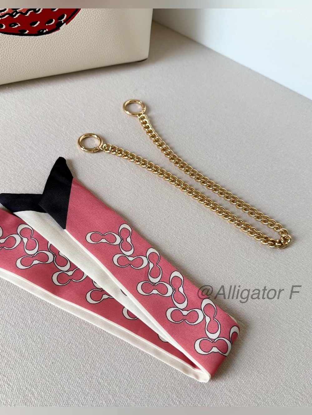 Pink Twilly Scarf + Gold-Tone Chain Strap Handbag Accessory Set